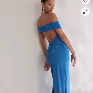Lulu's Blue Off-Shoulder Backless Gown